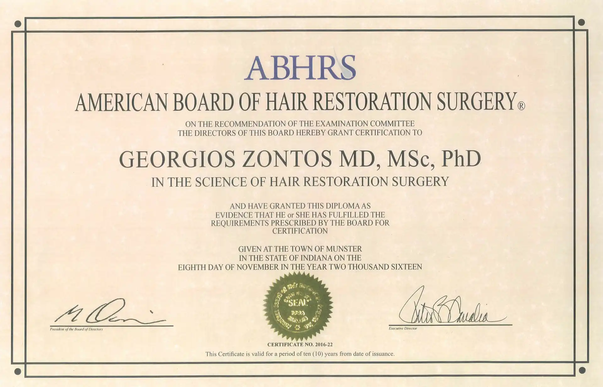 Dr Zontos Diplomate of American Board of Hair Restoration Surgery.