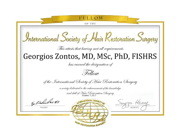 Certificate of fellowship status with ISHRS.
