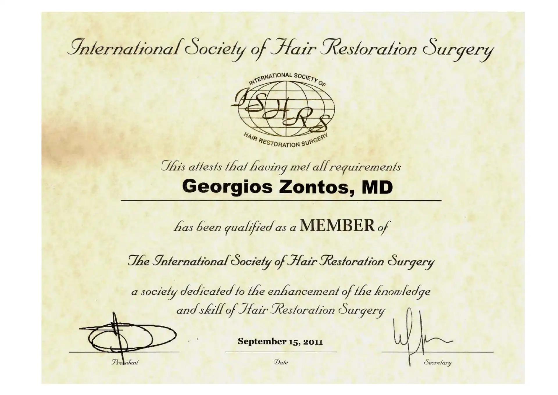 Dr Zontos-medlemskabsstatus af ISHRS